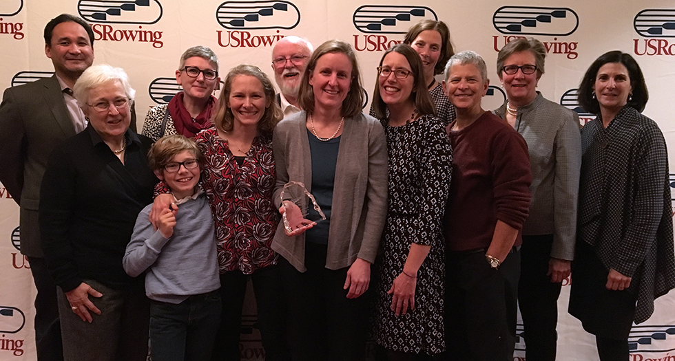 Tessa Spillane '95 (middle holding award) is honored with family & friends as the 2016 Ernestine Bayer Award winner.