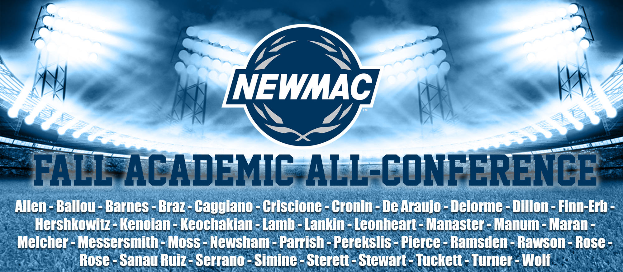 Graphic promoting the 39 student-athletes from cross country, field hockey, soccer and volleyball that were named to the 2017 NEWMAC Fall Academic All-Conference Team.