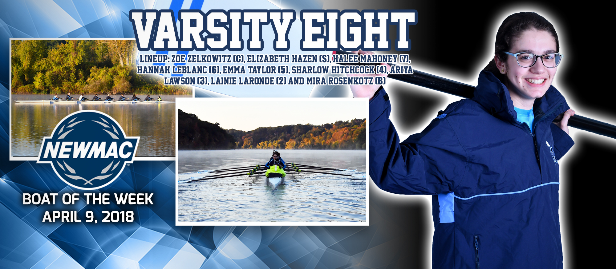 Graphic promoting the Lyons Rowing Boat of the Week, which garnered the honors after tough competition last weekend. Pictured are two action photos as well as a posed photo of rower Halee Mahoney.