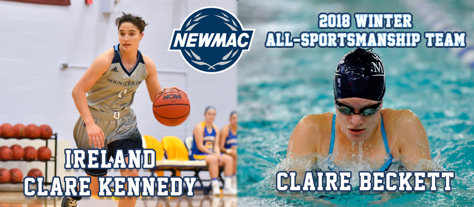 NEWMAC All-Sportsmanship graphic, featuring first year Ireland Clare Kennedy and senior Claire Beckett.