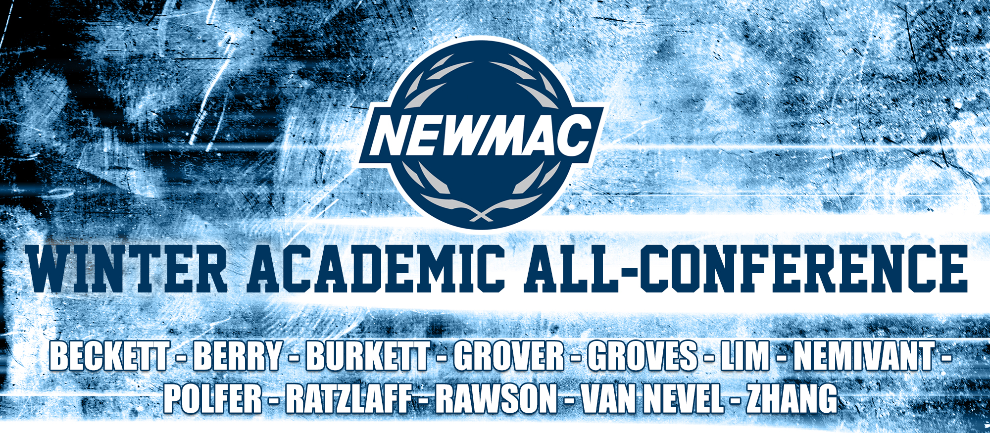Graphic promoting the 2017-18 NEWMAC Winter Academic All-Conference selections from the sports of Basketball and Swimming & Diving.