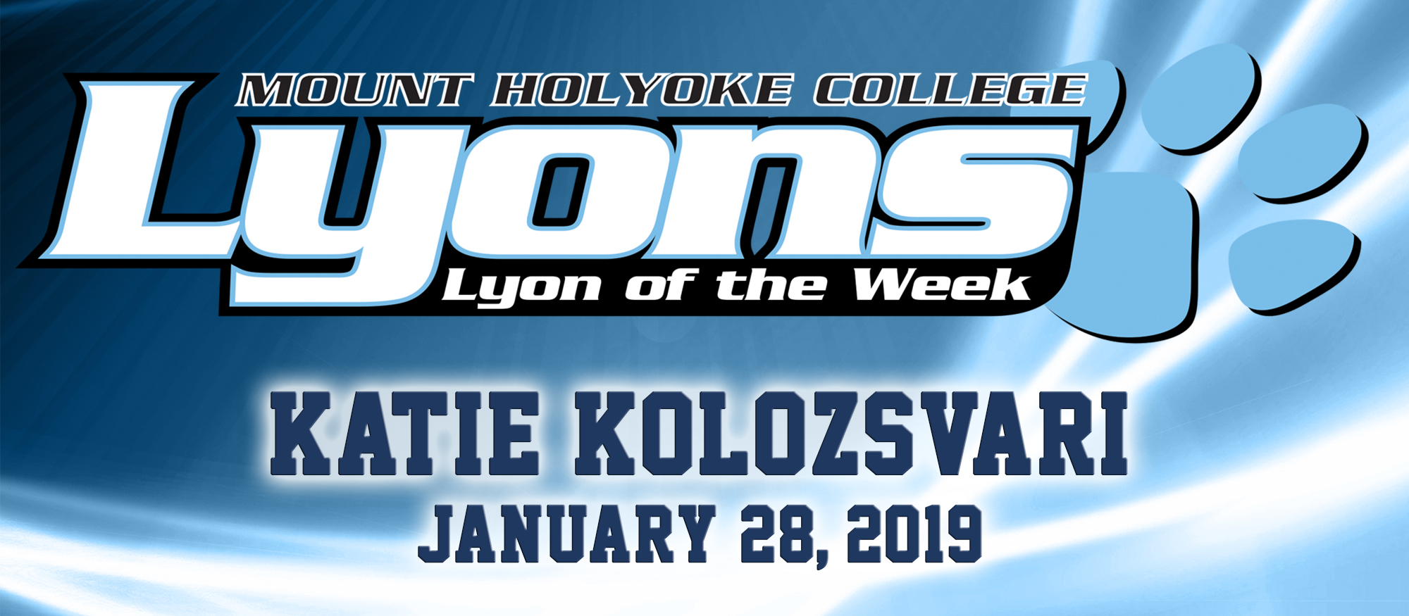 Lyon of the Week name graphic for sophomore diver Katie Kolozsvari - January 28, 2019
