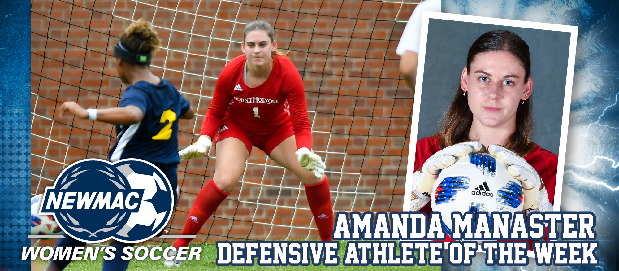 Photo showing Lyons soccer senior goalie Amanda Manaster, who was named the NEWMAC Defensive Athlete of the Week on September 4, 2018