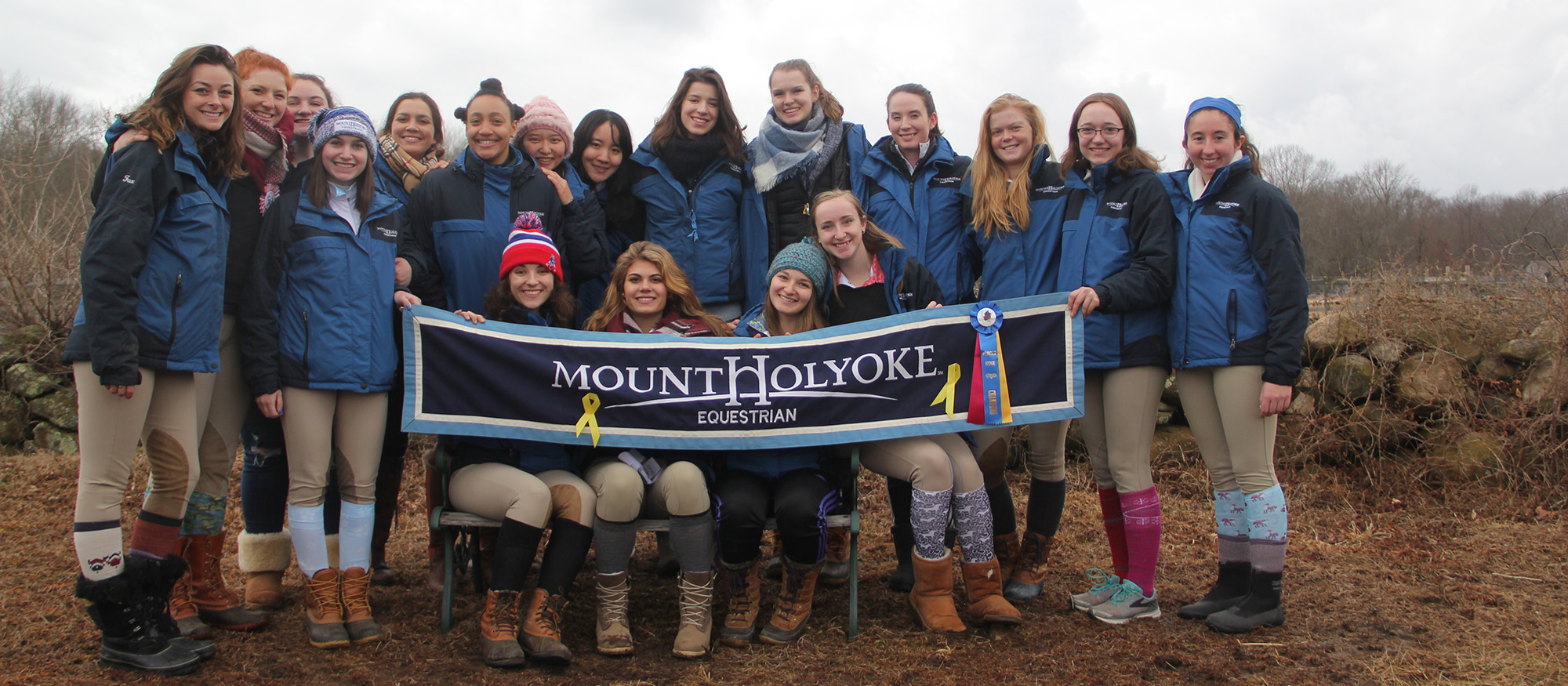 Photo of the Lyons riding team following victory at the University of Rhode Island Invitational.