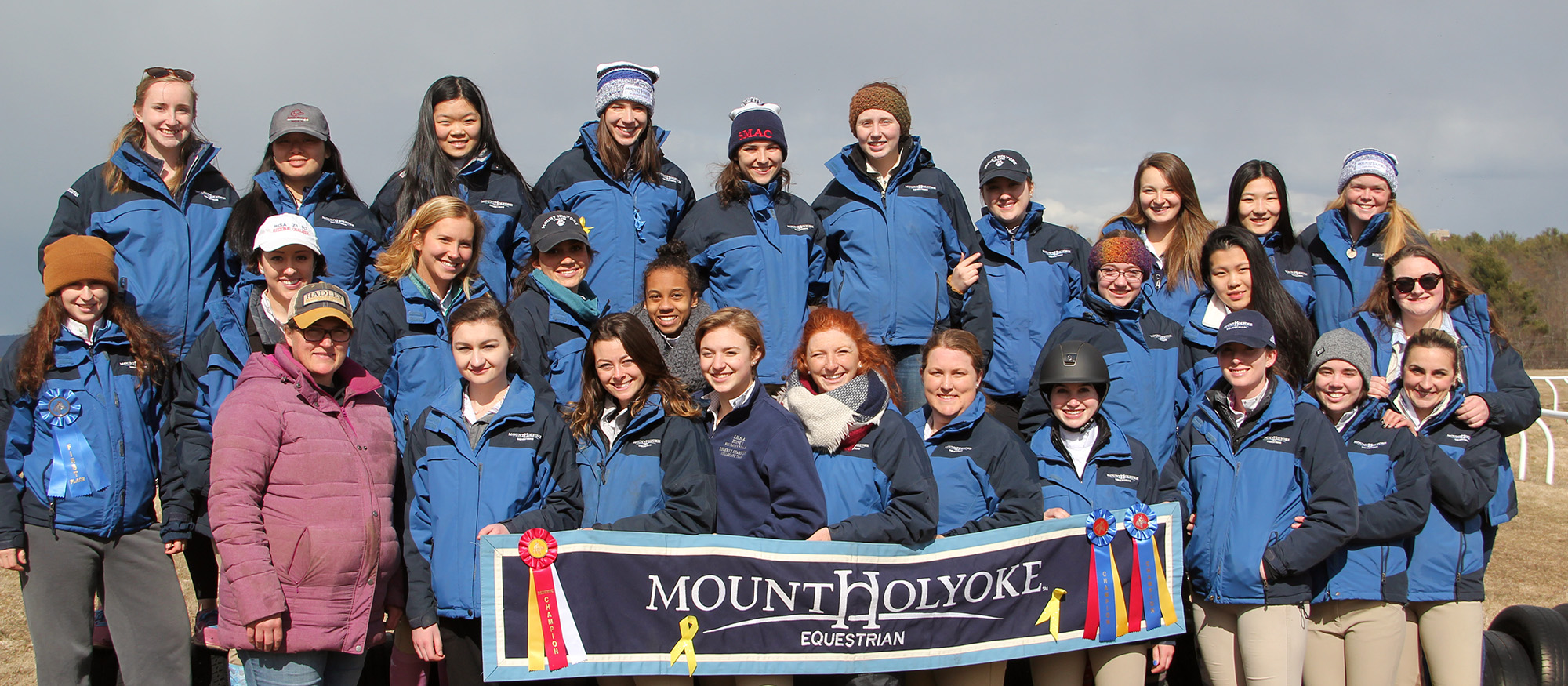 Photo of the Lyons riding team after winning the 2018 Hampshire College Show on March 24, 2018.