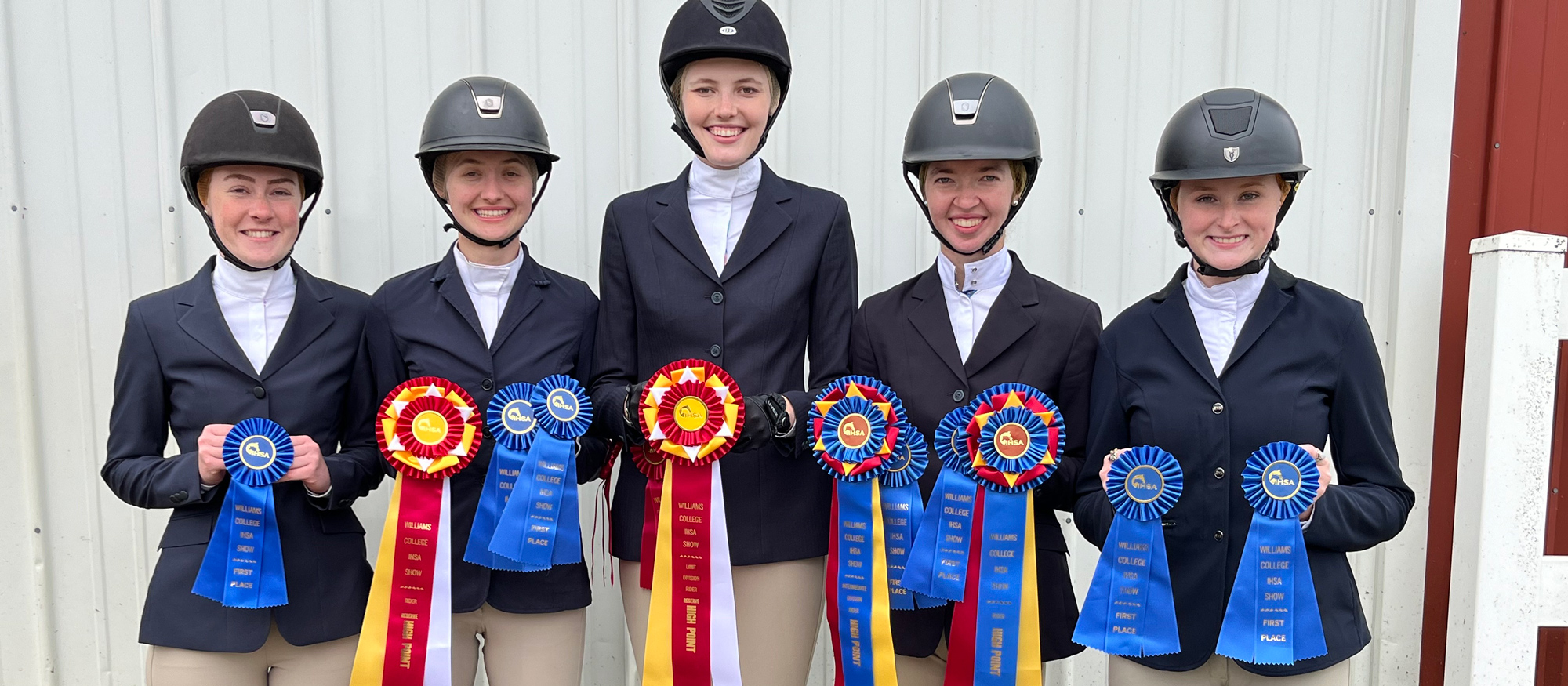Left to right are the Mount Holyoke's High Point and Reserve Riders from the Williams College Show on Oct. 14, 2023 at Bonnie Lea Farm: Catherine Kazel, Helena Weiss, Chloe McElveen, Emmalyn Mirarchi, Mara Downie.