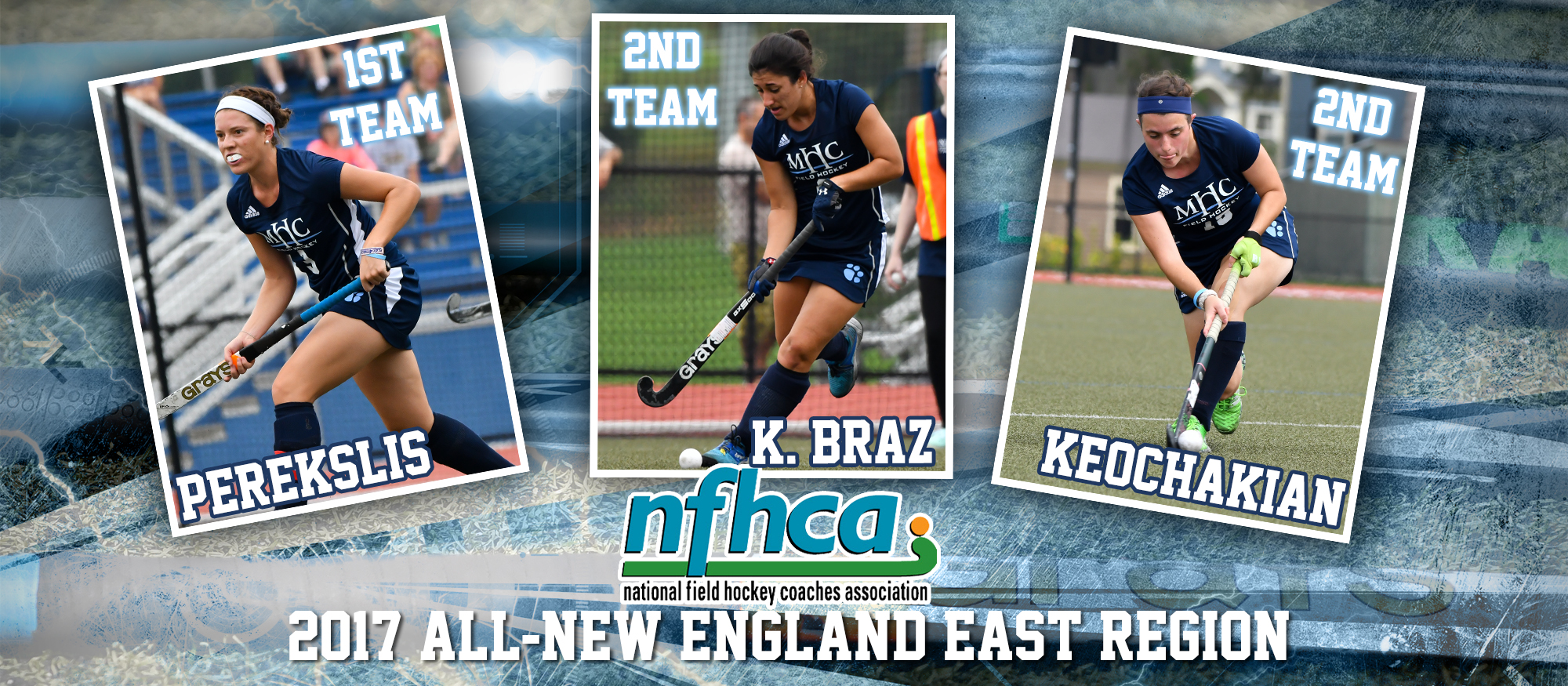 Image depicting action photos of Lyons field hockey players Sophie Perekslis, Kaitlin Braz and Mirjam Keochakian. All three were named to the 2017 NFHCA All-New England East Region Team on Wednesday, November 29.