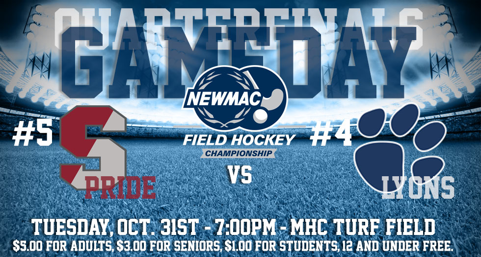 Graphic promoting October 31st's NEWMAC Quarterfinal Field Hockey game between #5 Springfield and #4 Mount Holyoke at 7pm on the Turf Field.