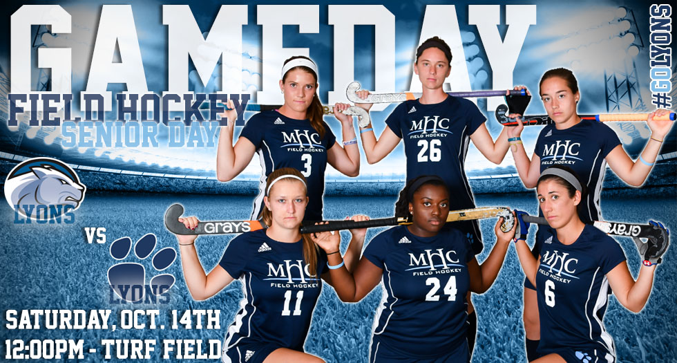 Gameday graphic featuring the Lyons field hockey team's six seniors for Saturday, October 14th's home match against Wheaton College.