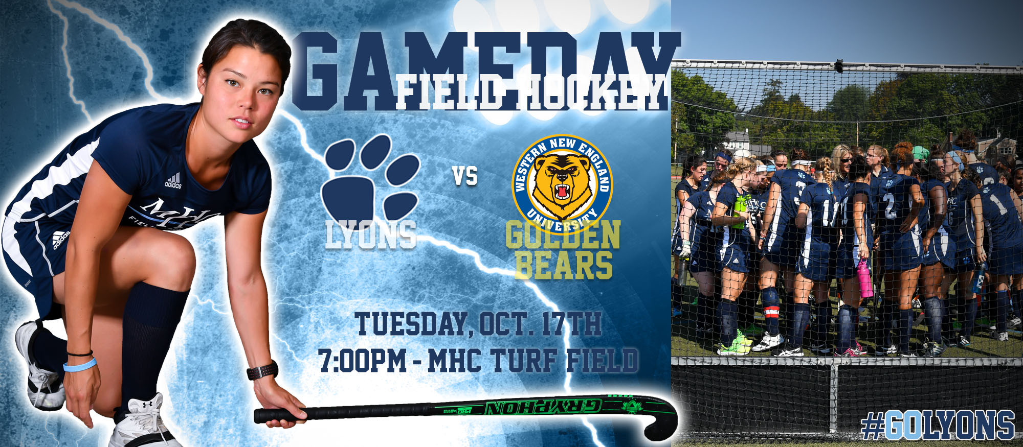 Gameday graphic promoting Tuesday, October 17th's field hockey home match against Western New England. Featured is Lyons field hockey player Liz Delorme.