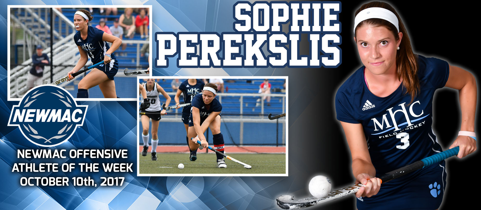 Collage image of field hockey player Sophie Perekslis who was named the NEWMAC Offensive Athlete of the Week for October 10, 2017.
