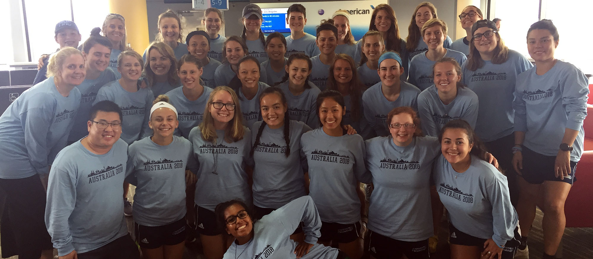 The Lyons field hockey team gathers for a photo prior to their departure to Australia from Boston's Logan Airport on Sunday, August 19th, 2018.
