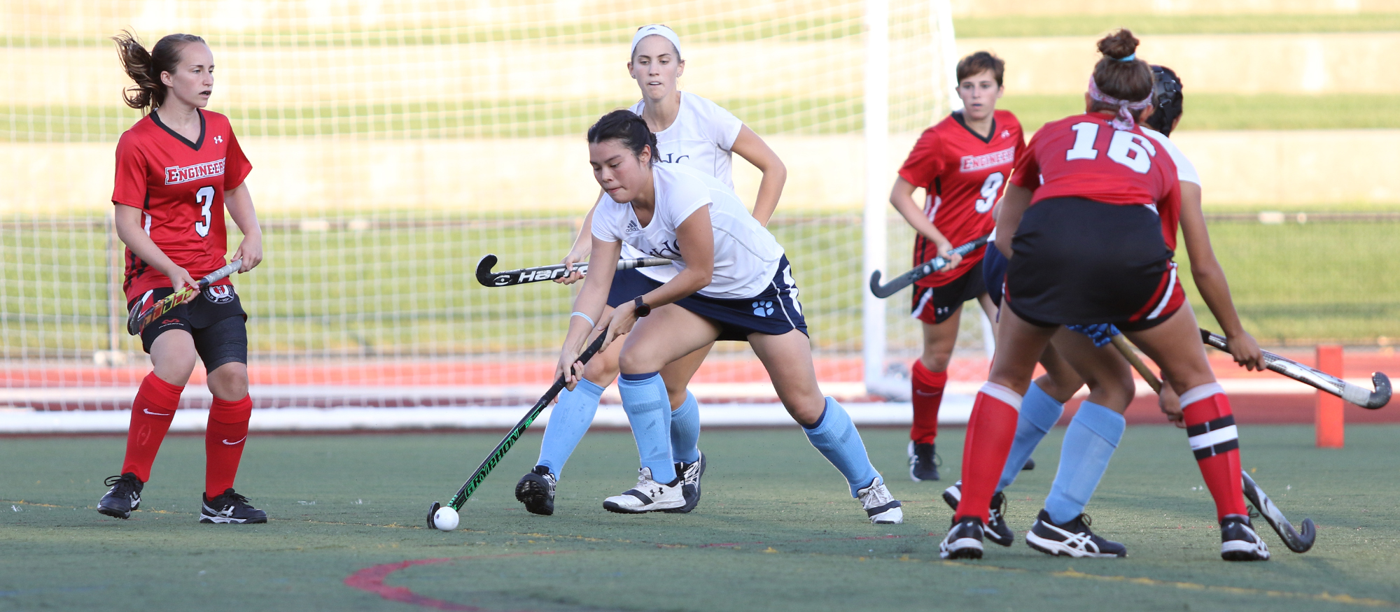 Senior field hockey player Liz Delorme dribbles the ball during a 3-2 win at RPI on Sept. 2, 2018. Photo credit to Perry Laskaris (RPI Athletics)