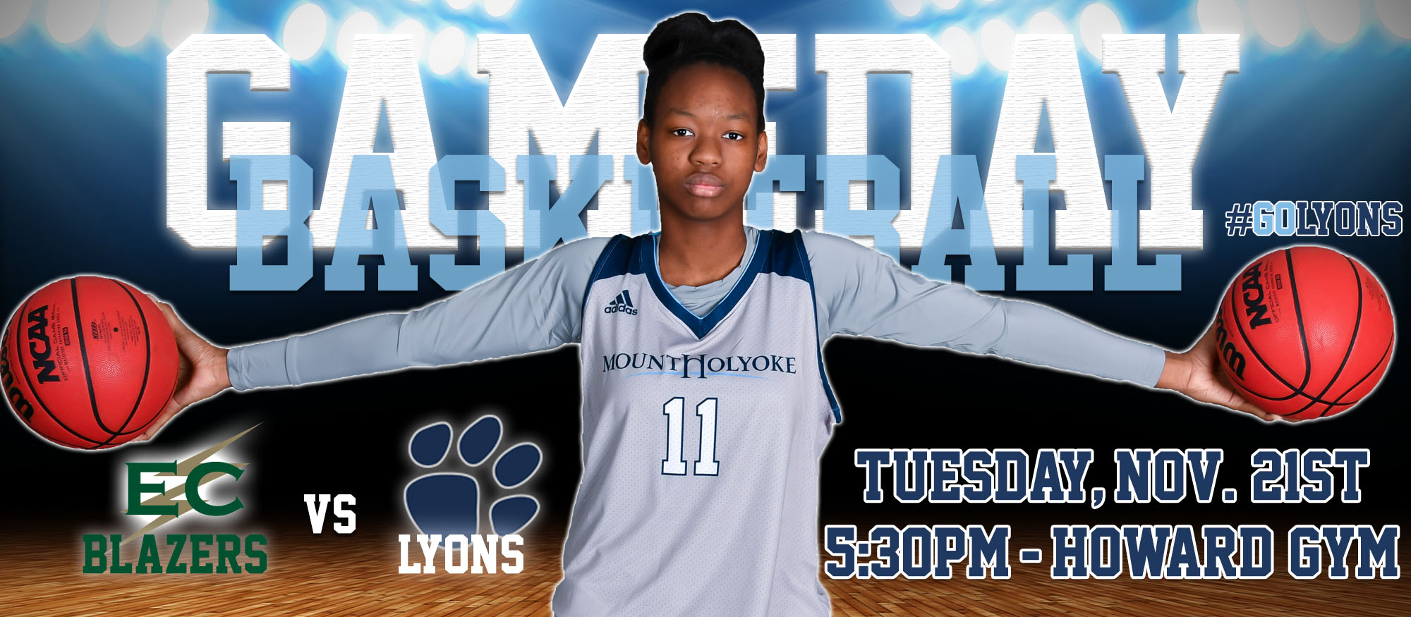 Game day graphic featuring junior basketball player and captain, Leah Hodges promoting the Tuesday, November 21st basketball game at home against Elms at 5:30pm.