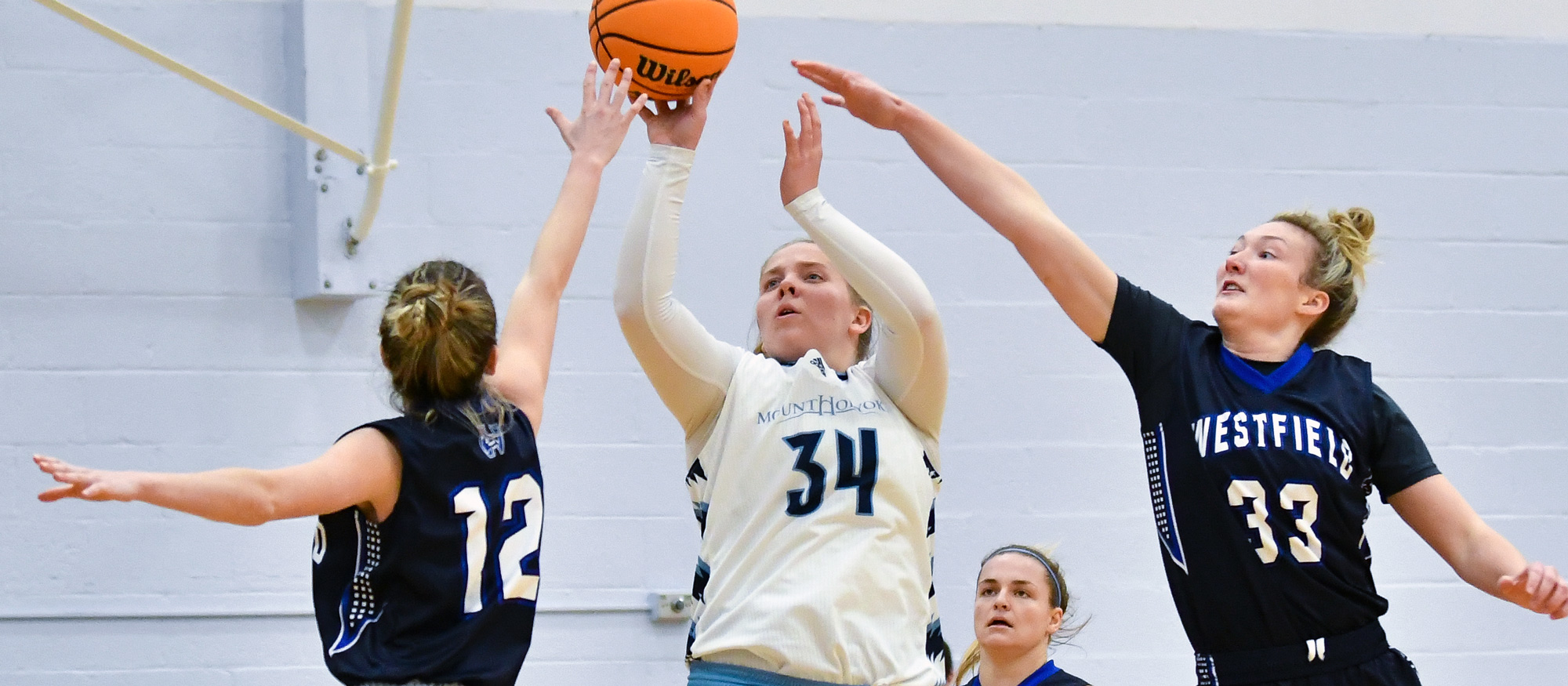 Cal McGonagle scored a career-high 23 points in Mount Holyoke's 64-52 loss at Lesley University on Nov. 30, 2022. (RJB Sports file photo)
