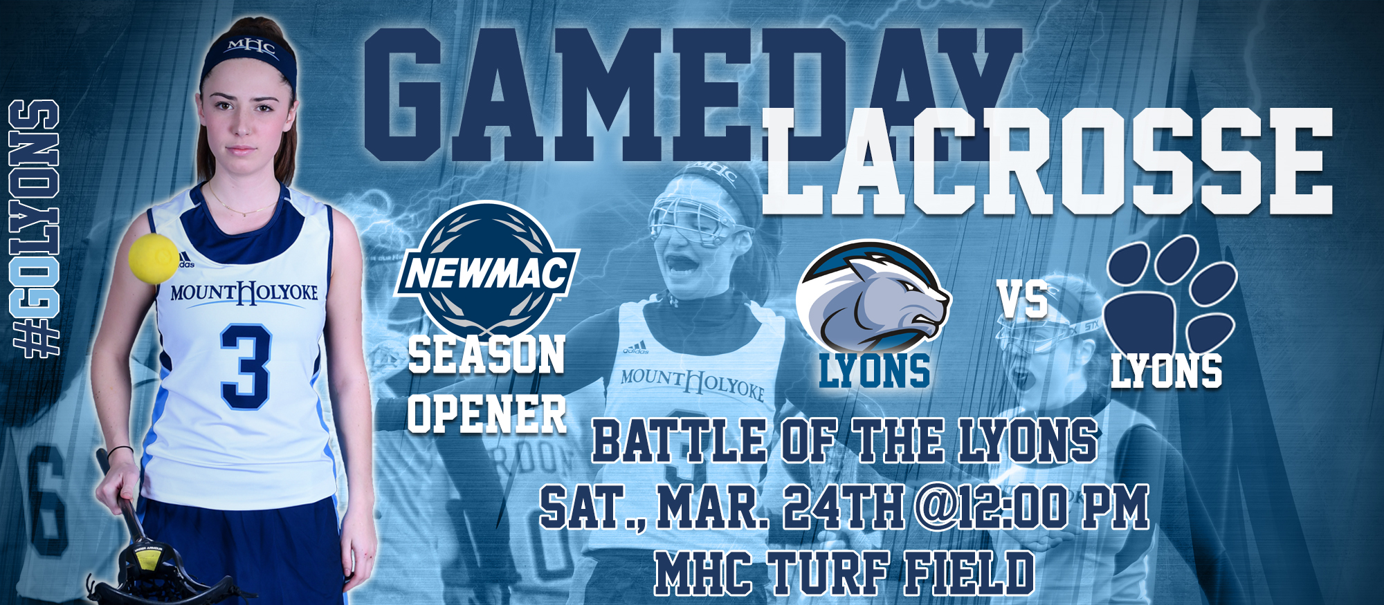 Gameday graphic featuring Lyons lacrosse captain Mazzie Meotti to promote the March 24th home contest against Wheaton at 12pm.