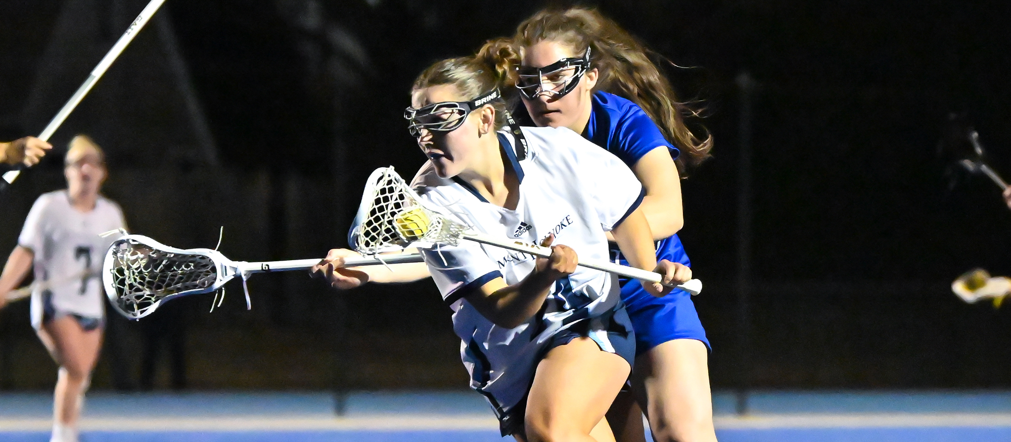 Emi Bisson scored a career-high eight goals, the most by any player in a NEWMAC game this season, in Mount Holyoke's 19-18 overtime loss to Emerson on April 15, 2024. (RJB Sports file photo)
