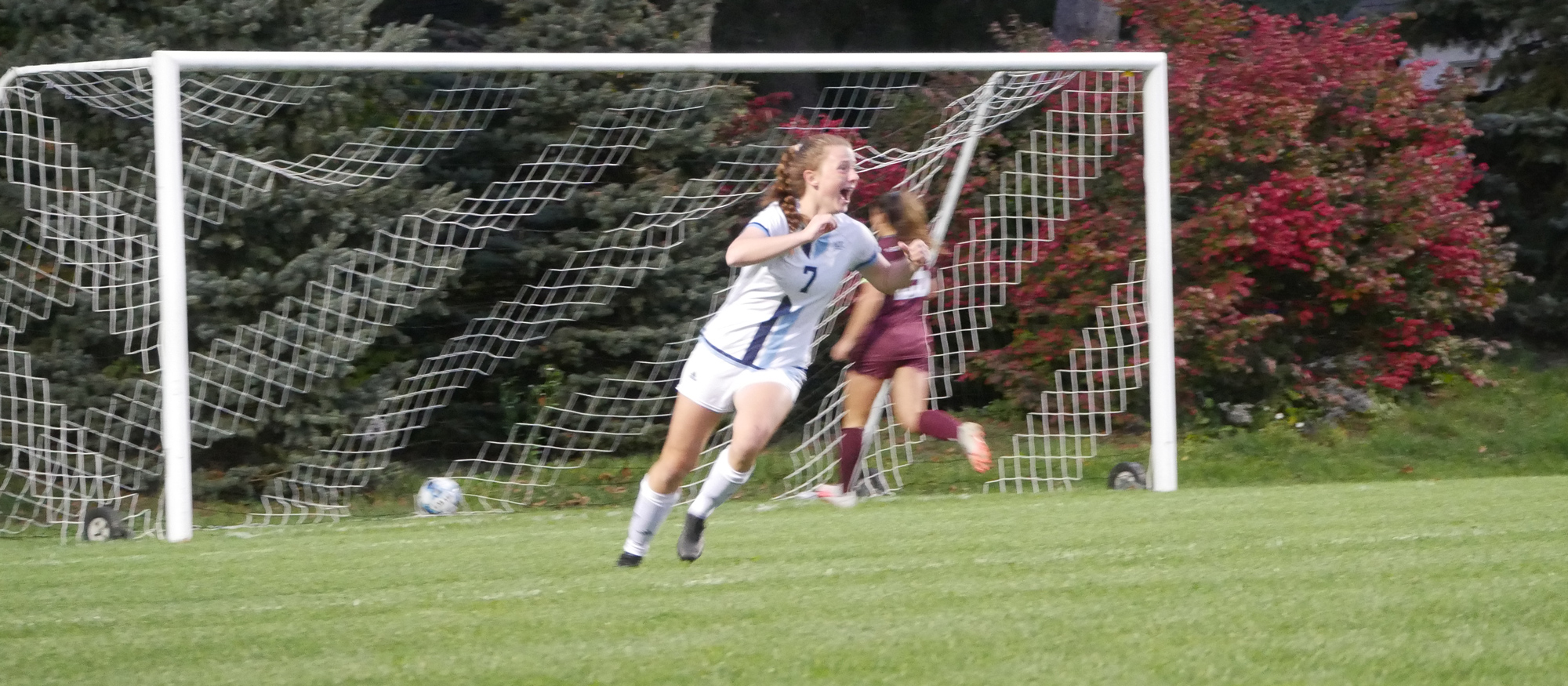 Hannah Keochakian celebrates her goal that put Mount Holyoke ahead 1-0 over Springfield, in the Lyons' eventual 3-1 loss on Oct. 11, 2023. (Courtesy Brian Magoffin)