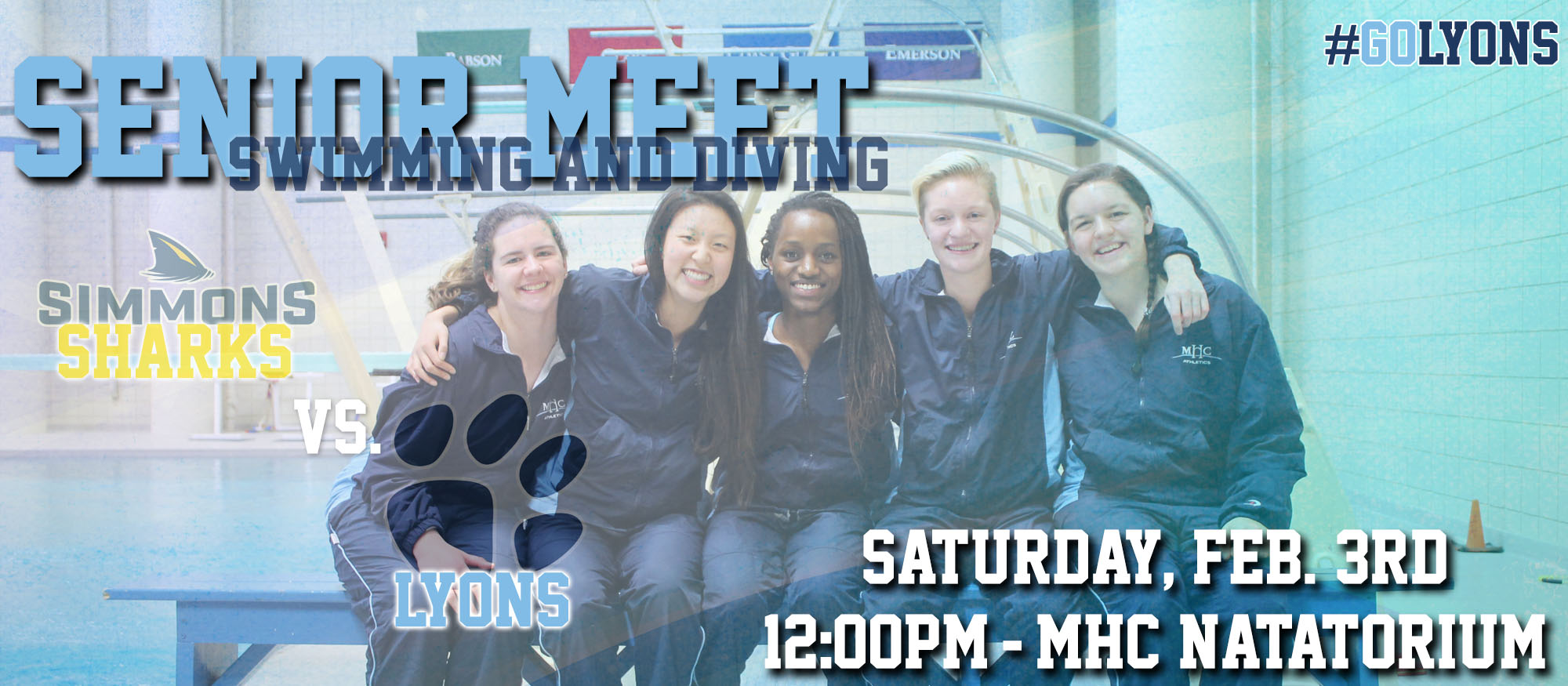 Graphic advertising the Saturday, February 2nd Lyons swimming & diving home meet at 12pm against Simmons. The event also marks Senior Day for the Lyons five graduating seniors.