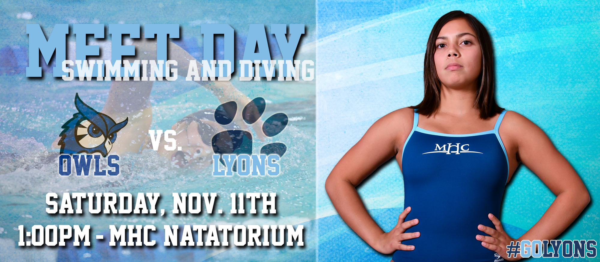 Gameday graphic promoting the Lyons swimming & diving home meet on Saturday, November 11th against Westfield State at 1pm.