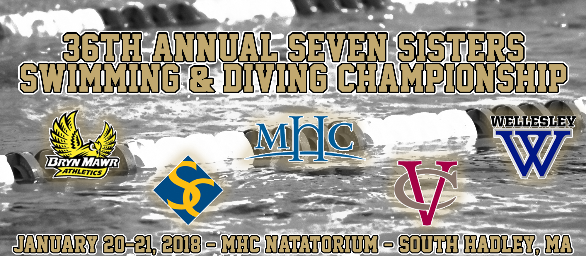 Image featuring the five participating schools in the 2018 Seven Sisters Championship, including Bryn Mawr, Smith, Mount Holyoke, Vassar and Wellesley. Set to run Jan. 20-21, 2018 at MHC.