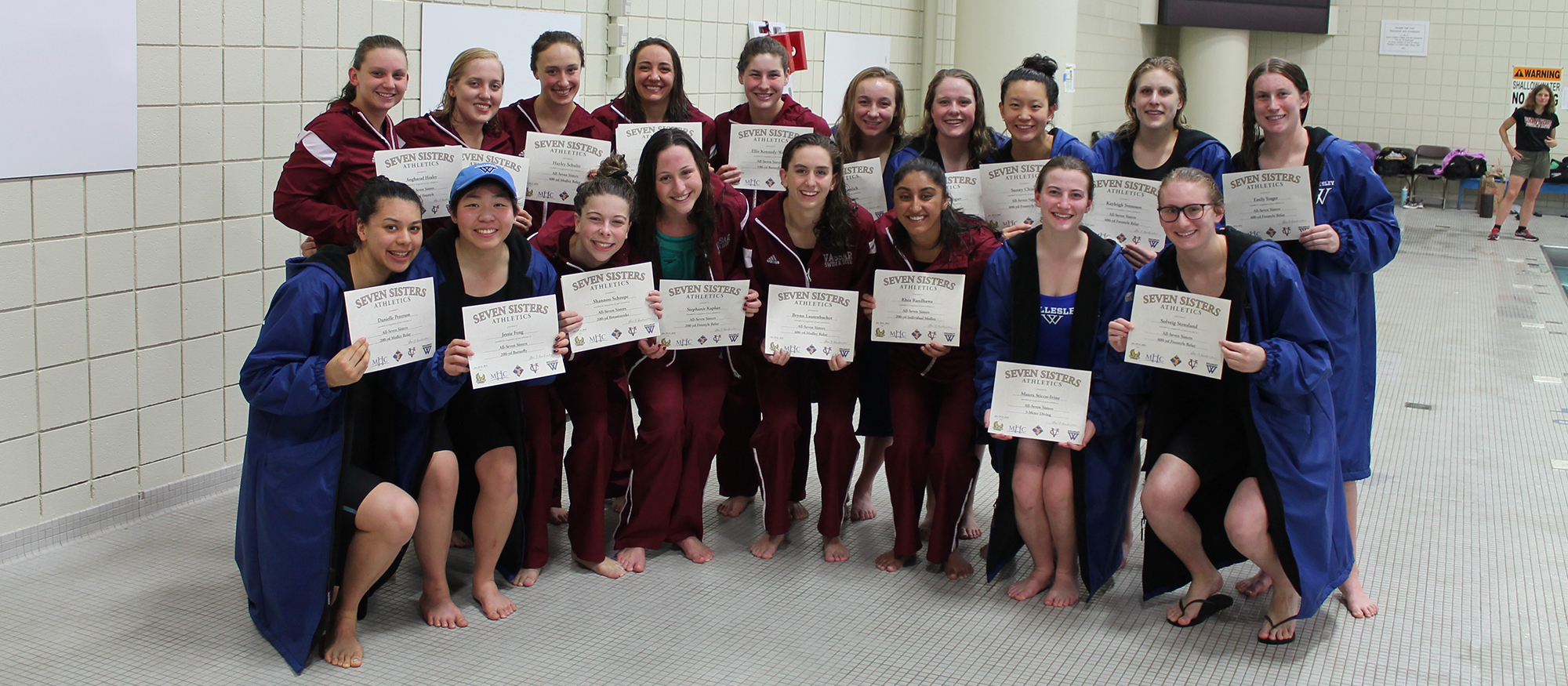 Photo showing the members of the 2018 Seven Sisters Swimming & Diving All-Tournament Team. January 21, 2018.