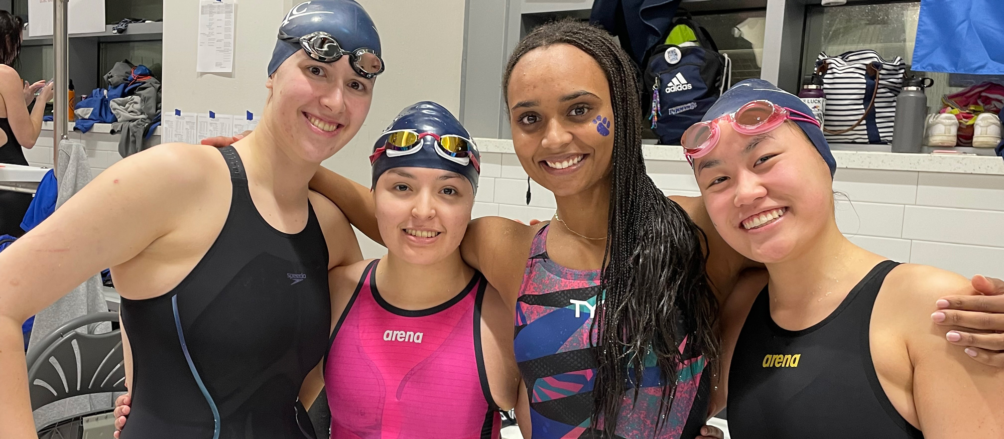 From left to right, Evelyn Bushway, Carolina Loayza, Adji Diouf, and Megan Schneider broke Mount Holyoke's program record in the 200-yard medley relay on Feb. 18, 2023 at the NEWMAC Championships.