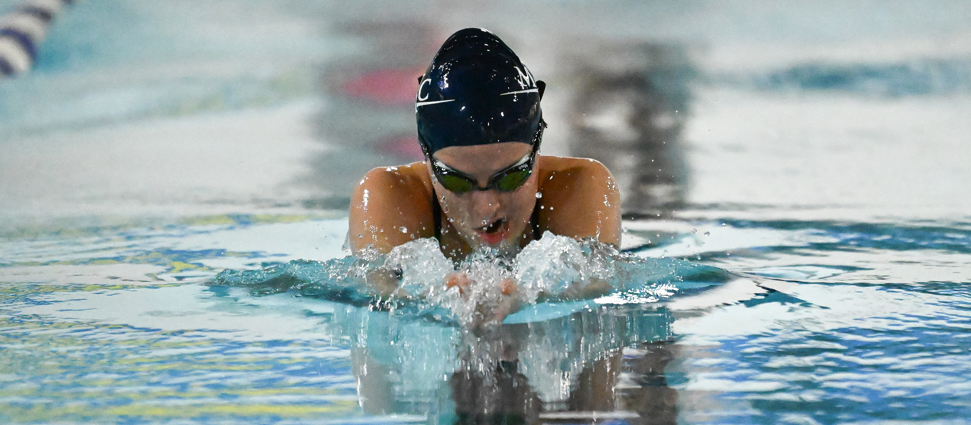 Junior Lauren Madsen won the 100-yard breaststroke and placed second in the 50-yard breaststroke as Mount Holyoke opened the 2023-24 season with a win at the University of New England on Nov. 4, 2023. (RJB Sports file photo)