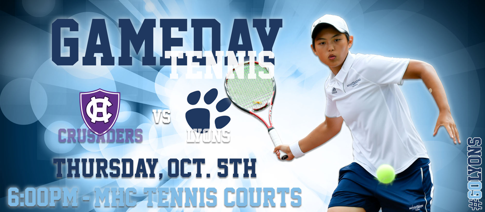 Gameday graphic promoting Thursday, October 5th tennis home match against Holy Cross at 6pm.