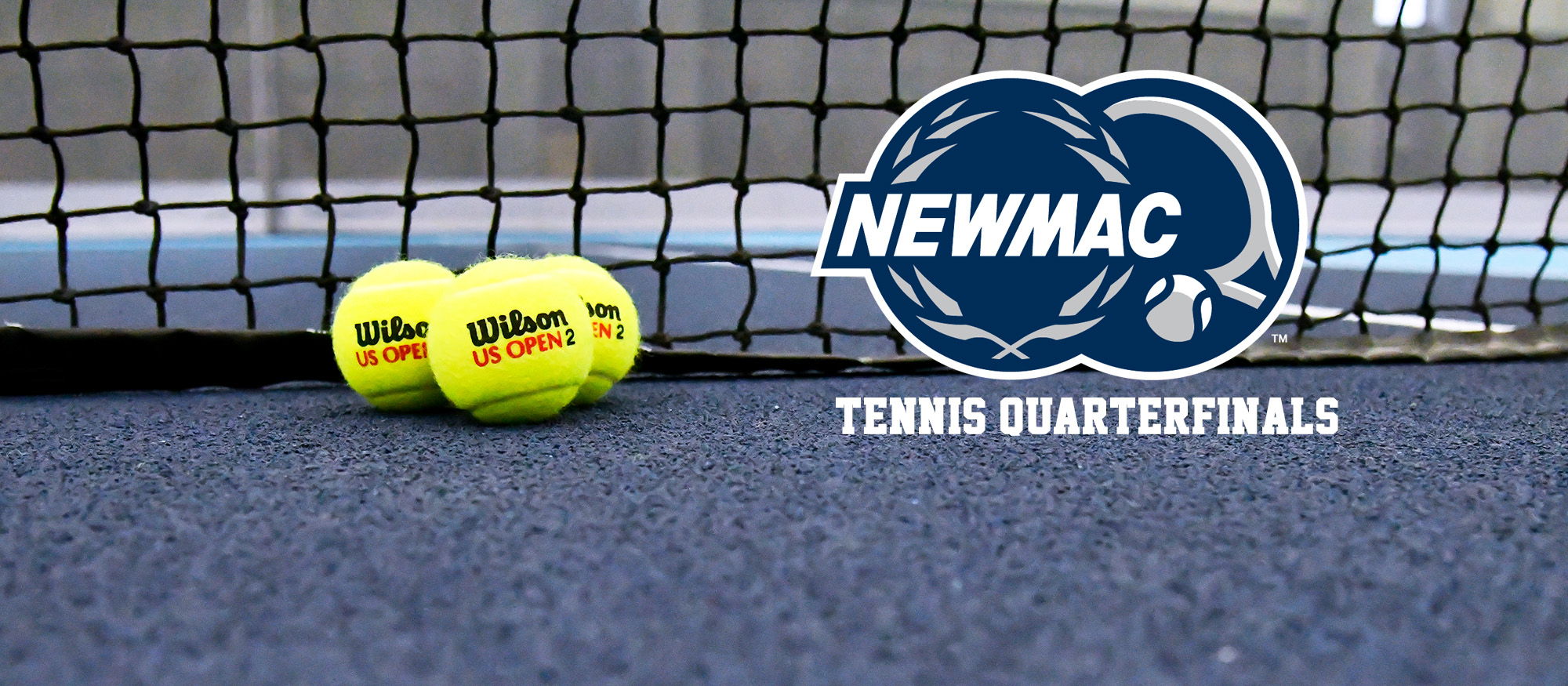 Graphic of a tennis court with a net and three balls. Also features the NEWMAC tennis logo.