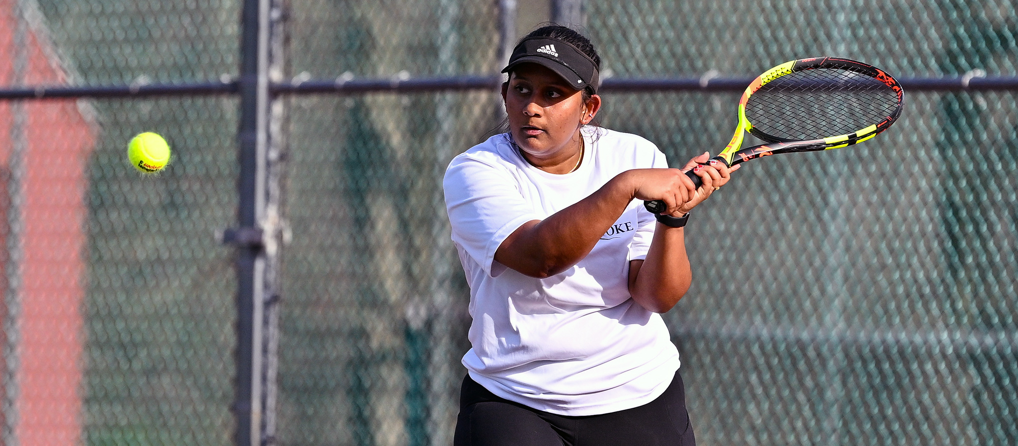 Senior captain Shweta Kiran Cavale ended her Mount Holyoke tennis career in the Lyons' NEWMAC playoff loss at Wellesley on April 25, 2023. (RJB Sports file photo)