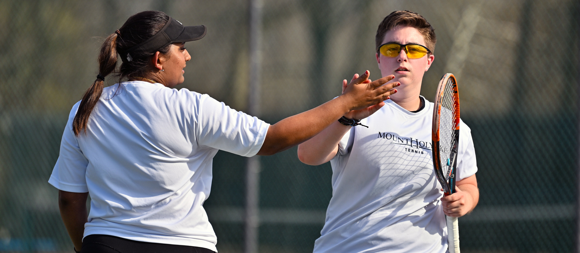 Shweta Kiran Cavale (left) and Cal Smith (right) both went 2-0 on the day, including an 8-2 combined win at No. 2 doubles, as Mount Holyoke defeated Emerson 9-0 on April 22, 2023. (RJB Sports file photo)