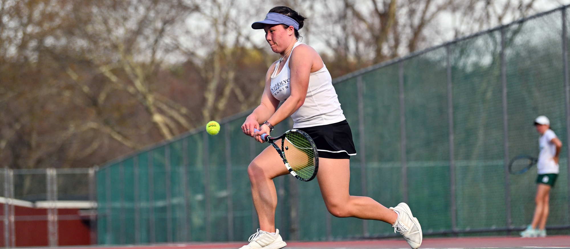 Sophomore captain Annika Chai and Mount Holyoke lost 9-0 at nationally ranked Wellesley on April 1, 2023. (RJB Sports file photo)