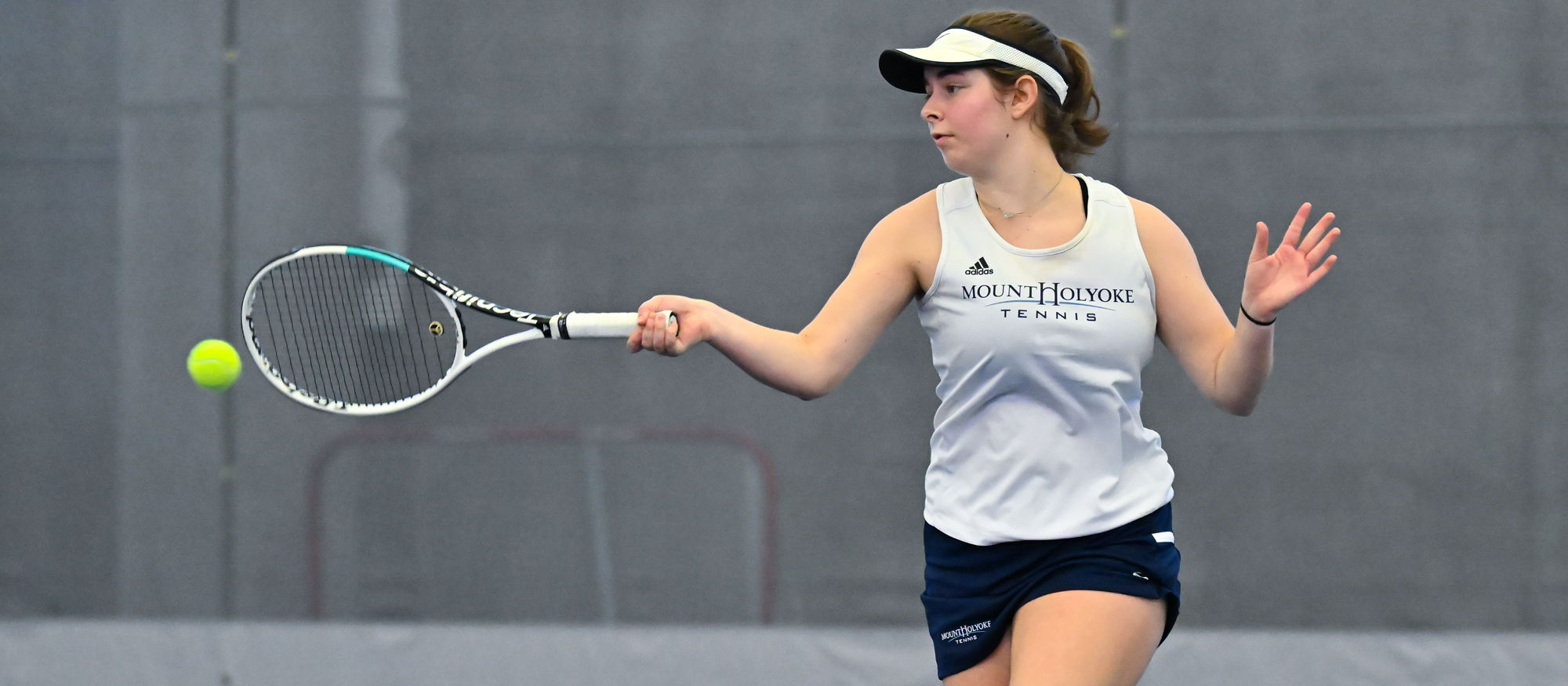 First-year Rachel Allen went 2-0 on the day with wins at third singles and second doubles in Mount Holyoke's 9-0 win over Western New England University on March 9, 2024. (RJB Sports file photo)