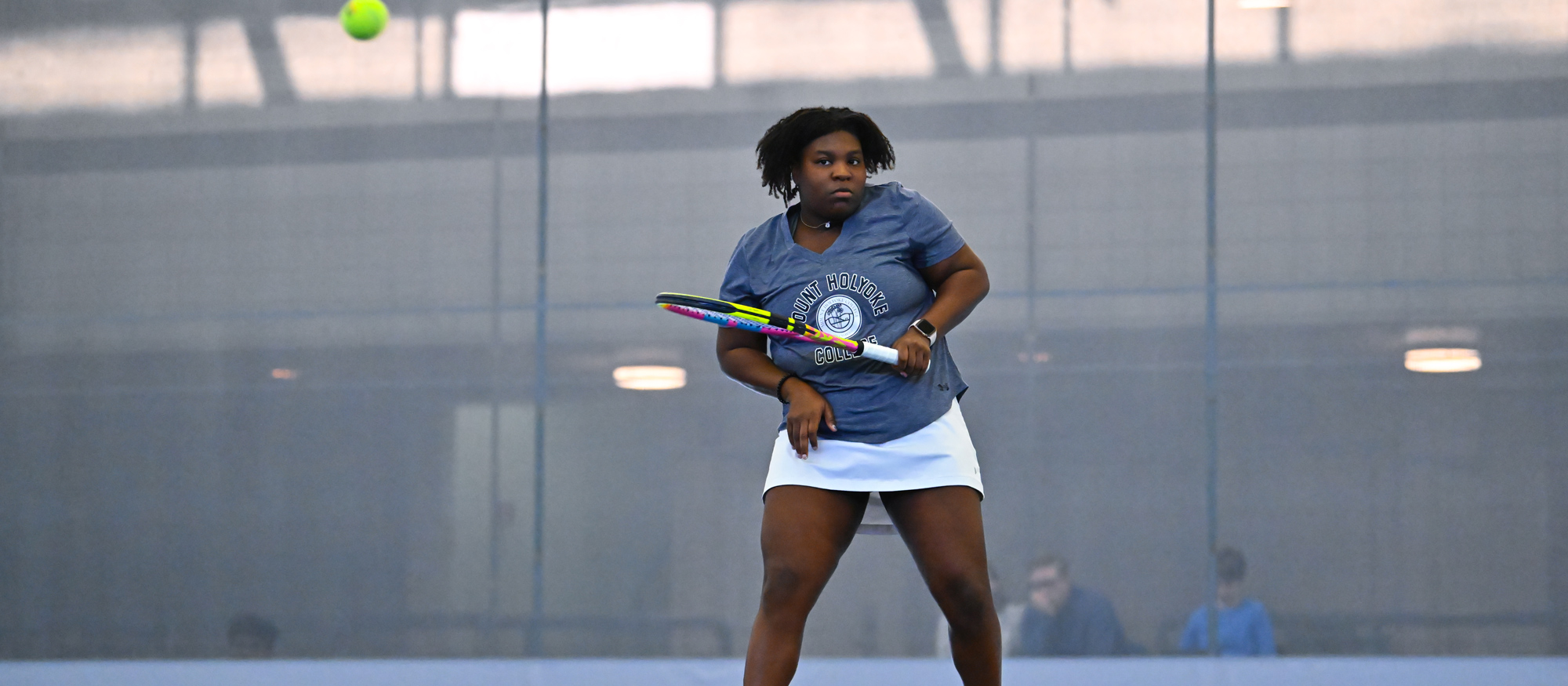 Kennedy Bagley-Fortner was victorious at third doubles and sixth singles in Mount Holyoke's match at Connecticut College on April 3, 2024. (RJB Sports file photo)