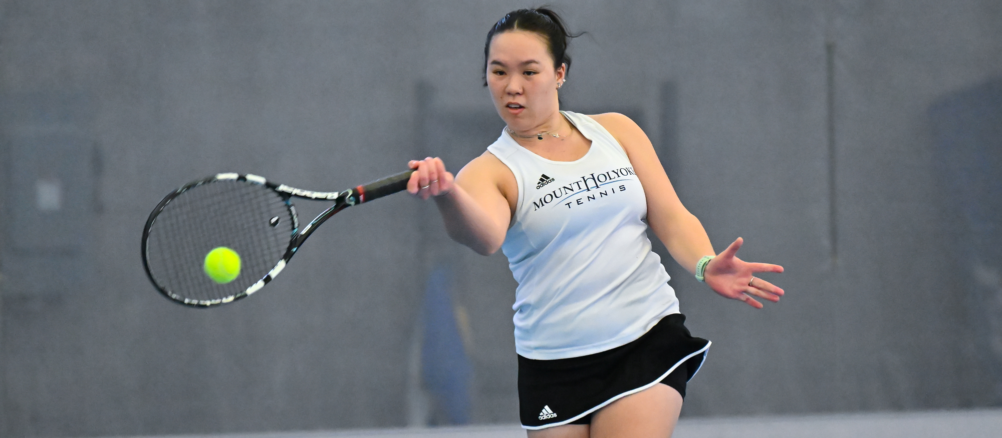 Annika Chai won 6-2, 6-0 at No. 1 singles in Mount Holyoke's 6-3 win at the University of Puerto Rico Mayaguez on March 19, 2024. (RJB Sports file photo)