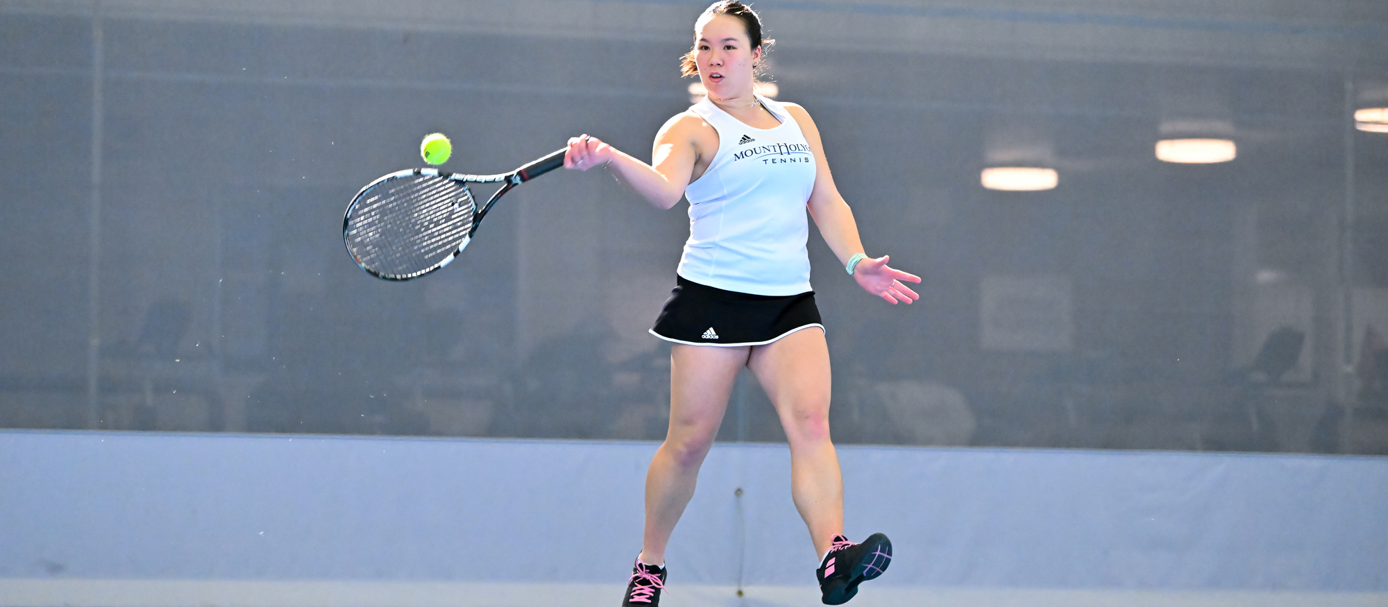 Annika Chai posted dominating wins at first singles and first doubles in Mount Holyoke's 6-3 win over Wheaton on April 16, 2024. (RJB Sports file photo)