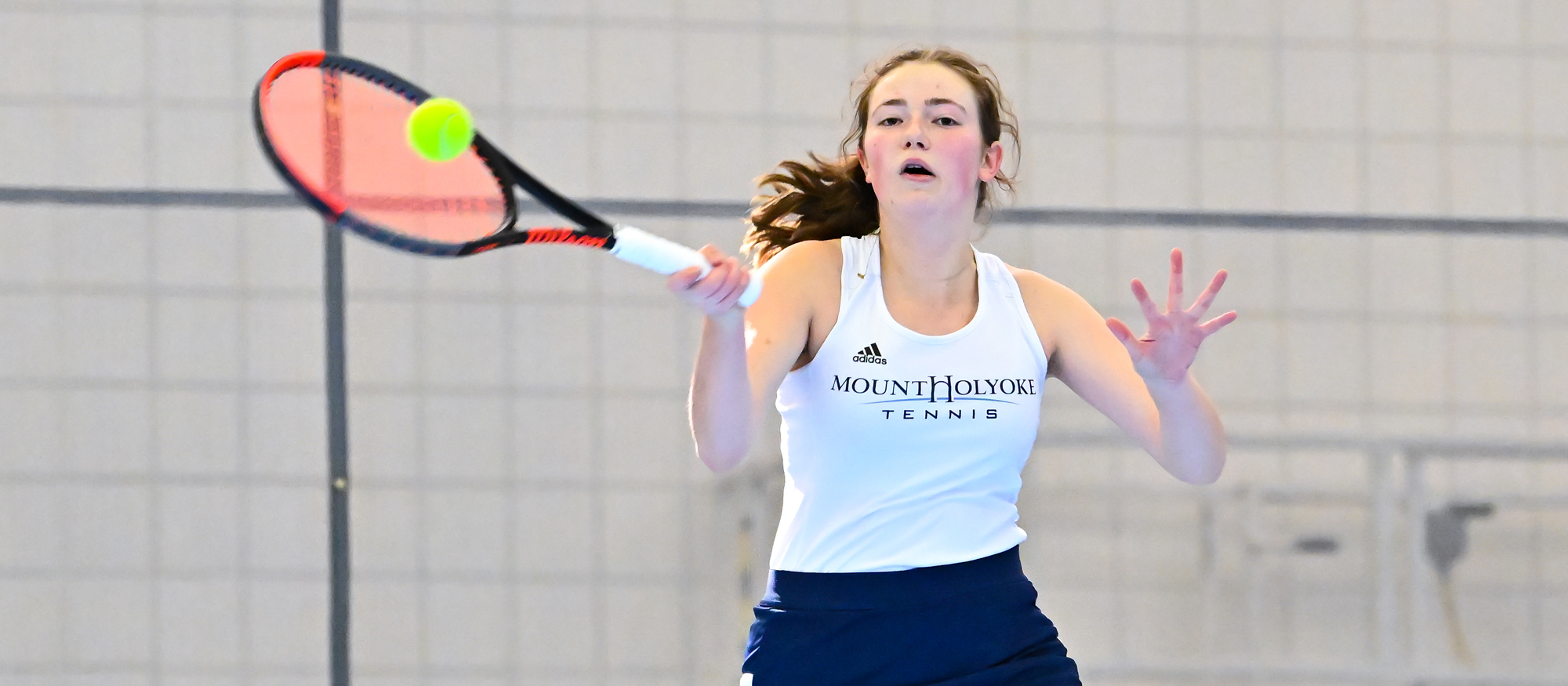Kate Vavra had a 2-0 day with victories at No. 3 doubles and No. 4 singles in Mount Holyoke's 7-2 NEWMAC win at Emerson College on March 30, 2024. (RJB Sports file photo)