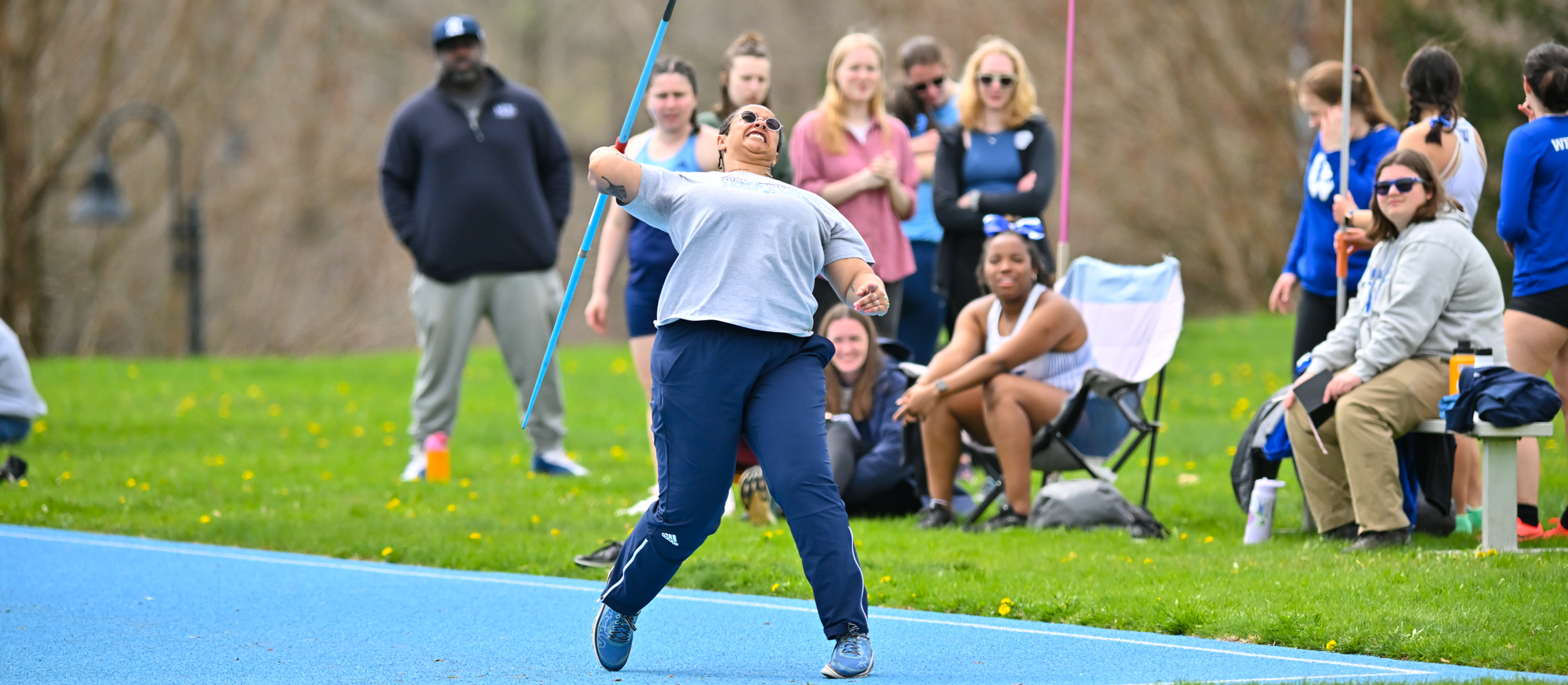 Lize Brown finished second in the javelin and moved into eighth place on Mount Holyoke's all-time performance list in the event as the Lyons hosted Smith and Wellesley in a tri-meet on April 20, 2024. (Bob Blanchard/RJB Sports)