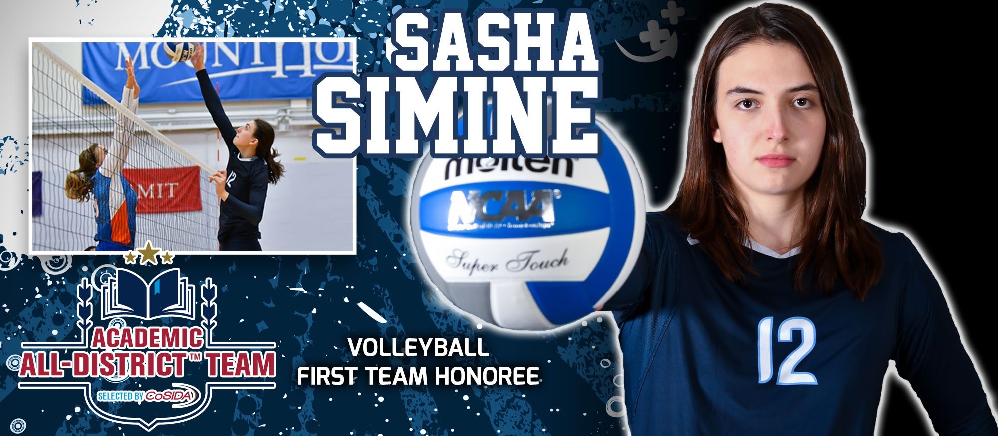 Graphic showcasing sophomore volleyball player, Sasha Simine, who was named to the CoSIDA Academic All-District First Team in volleyball on November 16.