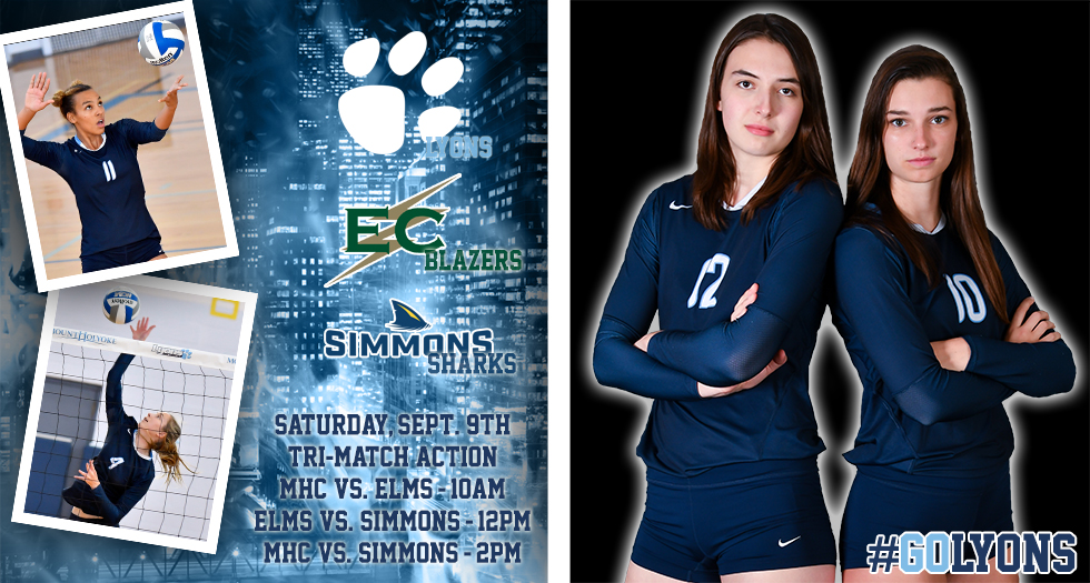 Graphic for Lyons volleyball tri-match on Sat., September 9th. MHC versus Elms at 10am, Elms vs. Simmons at 12pm and MHC vs. Simmons at 2pm.