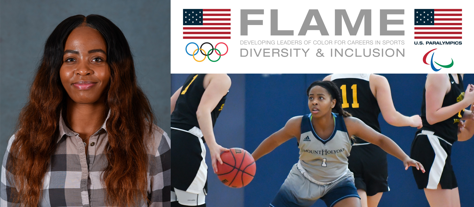 Graphic showing Lyons basketball player, Zahkeyah Allen, who was selected to the U.S. Olympic Committee's FLAME Program.