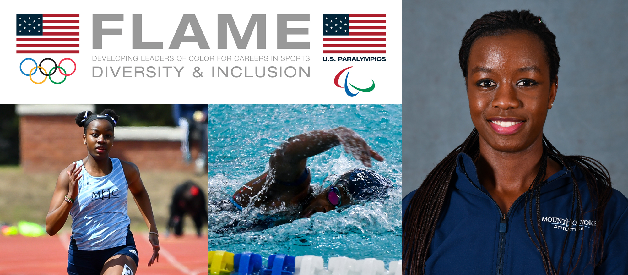 Photo showing images of Lyons swimmer and track & field sprinter, Tamara Mukulu, who was selected to the USOC's FLAME program.