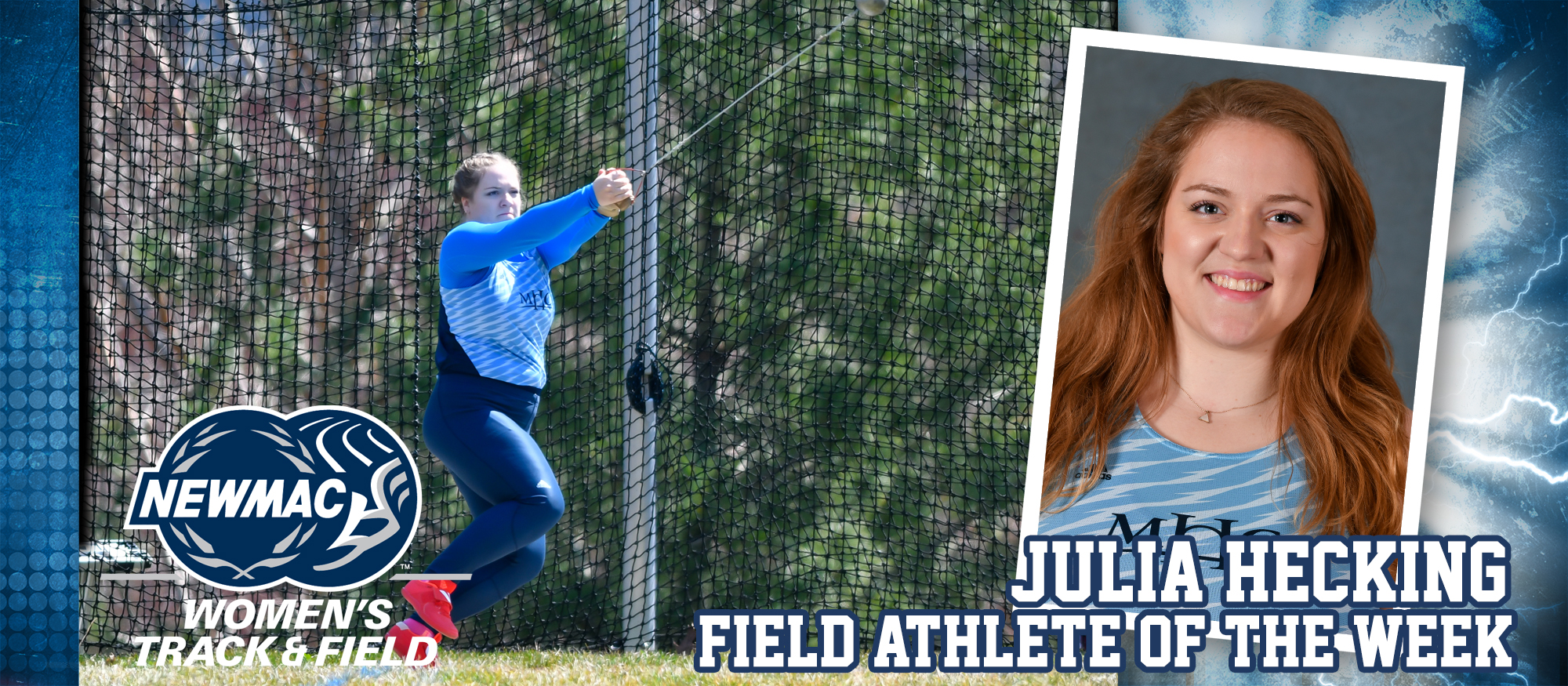 Action photo of Lyons track & field athlete, Julia Hecking, who was named the NEWMAC Women's Field Athlete of the Week for March 25, 2019.