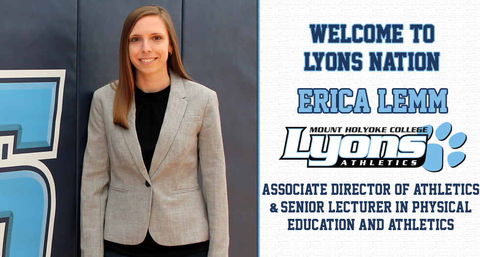 Graphic promoting the hiring of Erica Lemm as Associate Director of Athletics, Programming and Senior Lecturer in Physical Education.