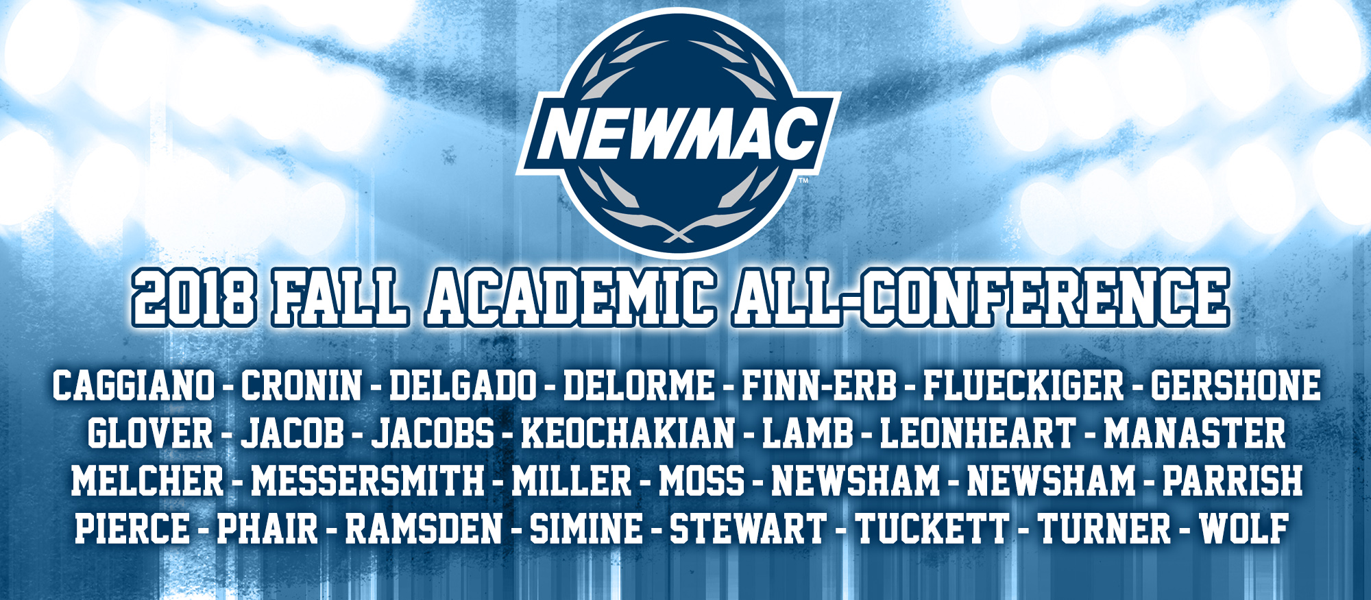 Graphic depicting the 29 student-athletes named to the 2018 NEWMAC Academic All-Conference Teams from cross country, field hockey, soccer and volleyball.