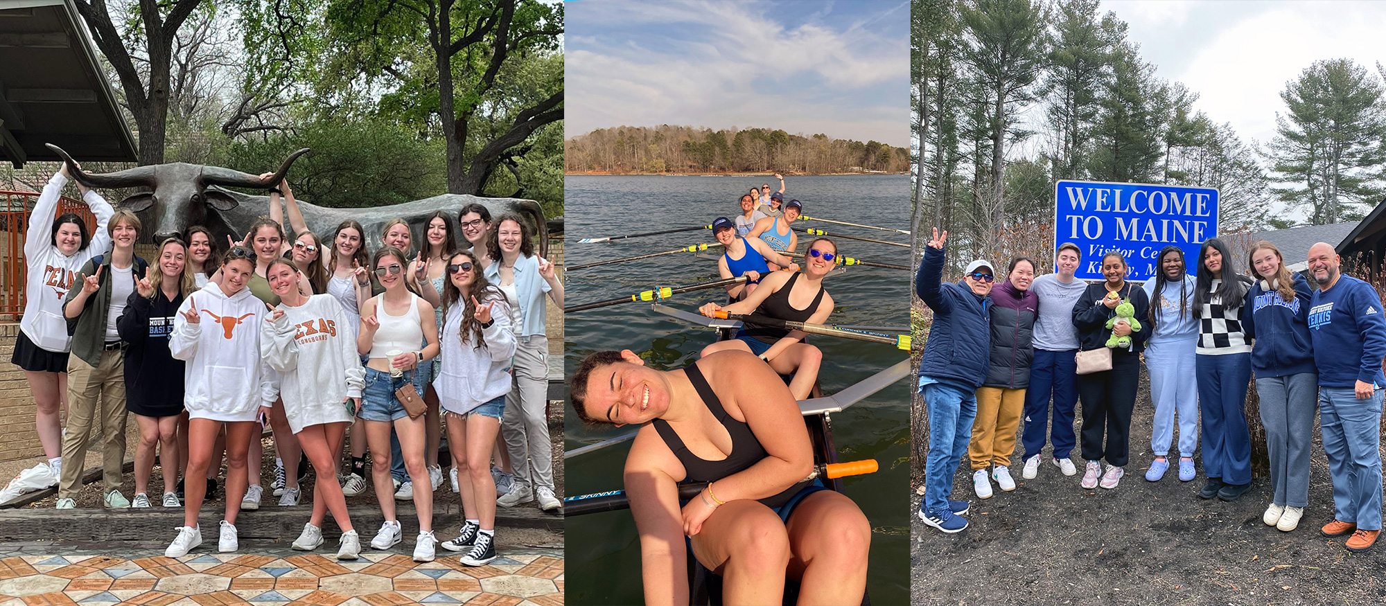 From left to right: Mount Holyoke lacrosse in Austin, Texas (Annie O'Byrne); Mount Holyoke rowing in Clemson, S.C. (Tobin Mayo-Kiely); Mount Holyoke tennis on the road in Maine during the teams' respective spring break trips.