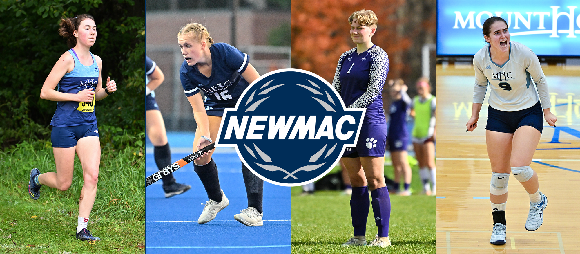 Mount Holyoke's 35 NEWMAC Fall Academic All-Conference honorees include seniors Lily Nemirovsky (cross country), Amanda Thibodeau (field hockey), Shannon Breen (soccer), and Lucie Berclaz (volleyball). (File photos by RJB Sports)