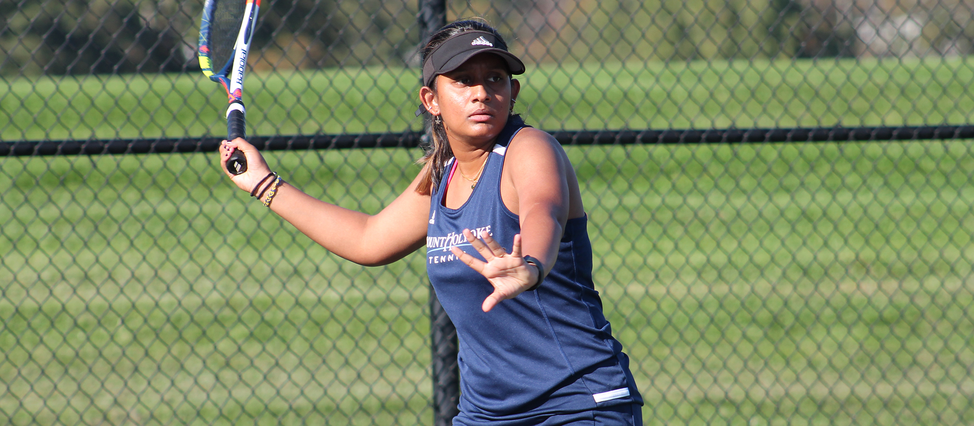 Senior captain Shweta Kiran Cavale won 8-1 at No. 2 doubles and 6-4, 6-0 at No. 3 singles as Mount Holyoke defeated Salve Regina University 9-0 at home on Sept. 30, 2022. (RJB Sports file photo)