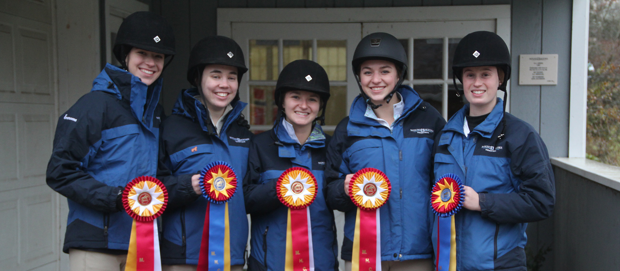 Photo featuring Riding award winners from November 18th's home riding show. Left to right are Franny Eremeeva, Taryn Isenburg, Emma Recchi, Cat Lamond and Harriet Thomson.